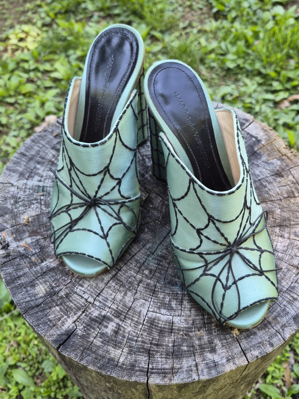 Open-Toe Mint Heeled Spiderweb Mules by Marco De Vincenzo